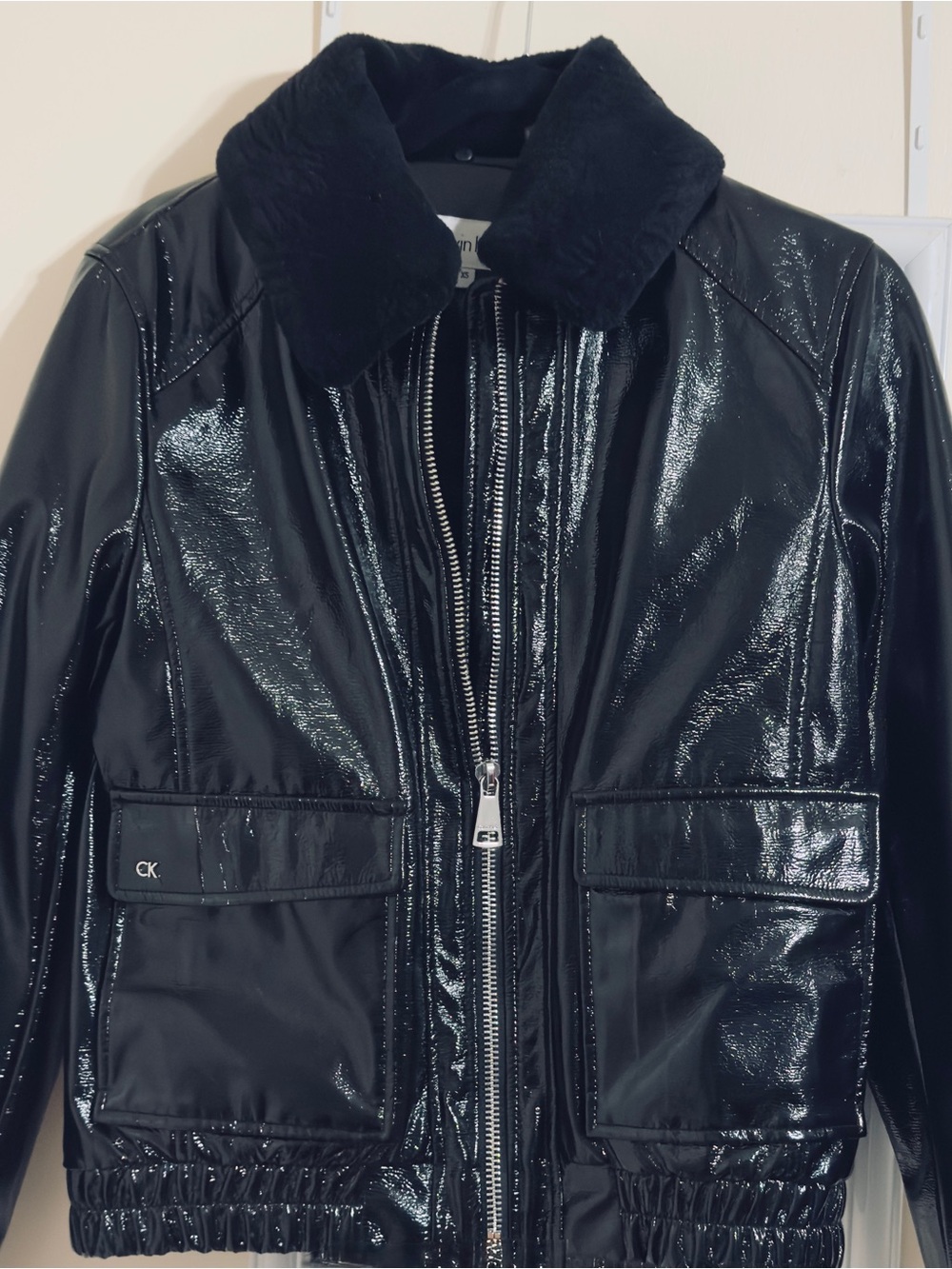 Calvin Klein Black Patent Bomber with Faux Fur Removable Collar